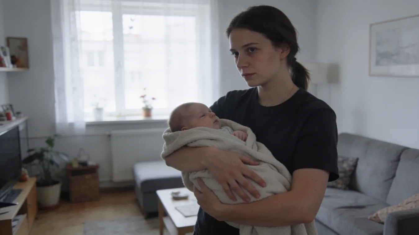 Mama s bábätkom v náručí sedí na gauči doma a pozerá do telefónu