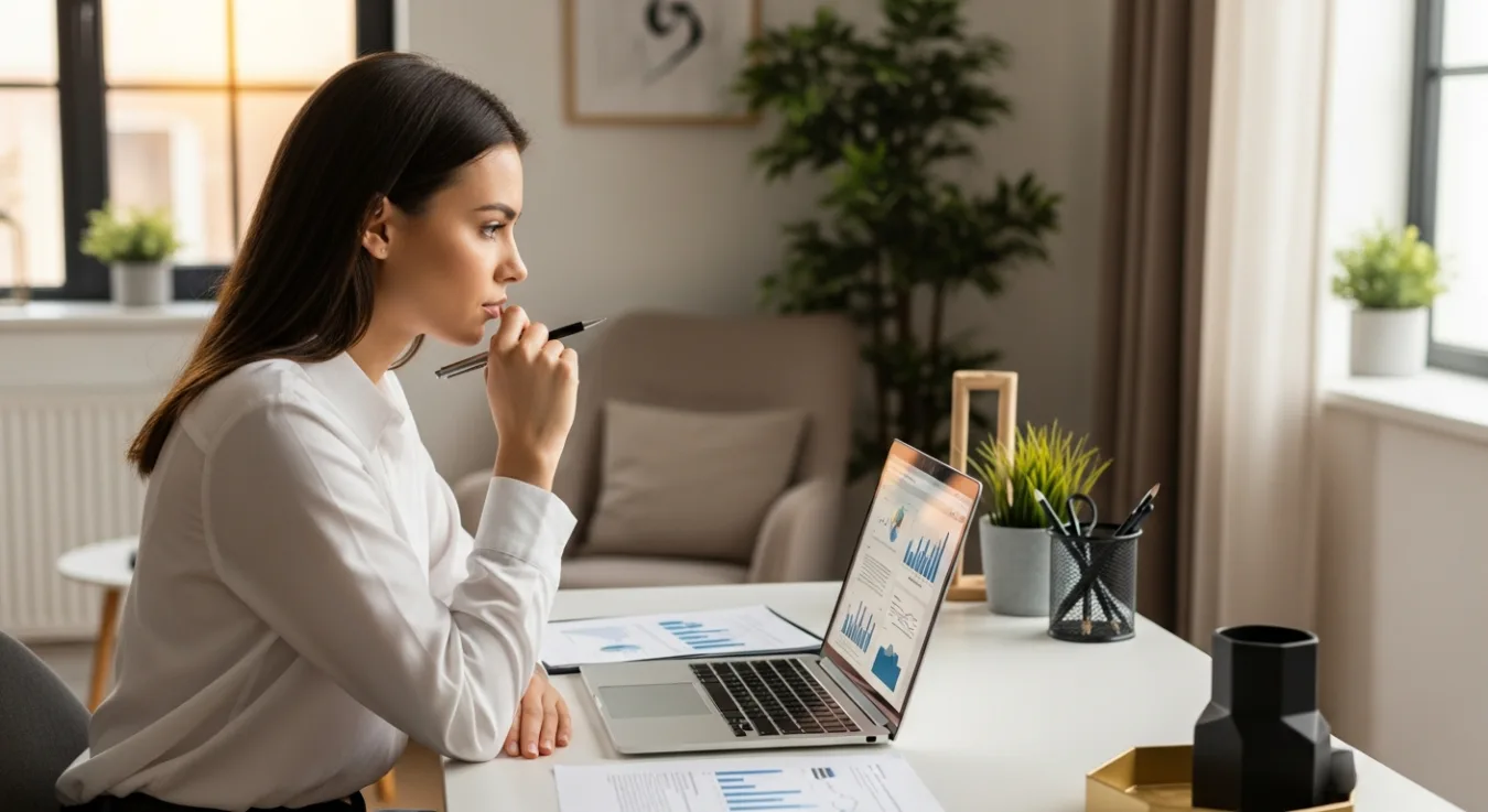 Žena zvažuje možnosti pôžičky pri počítači