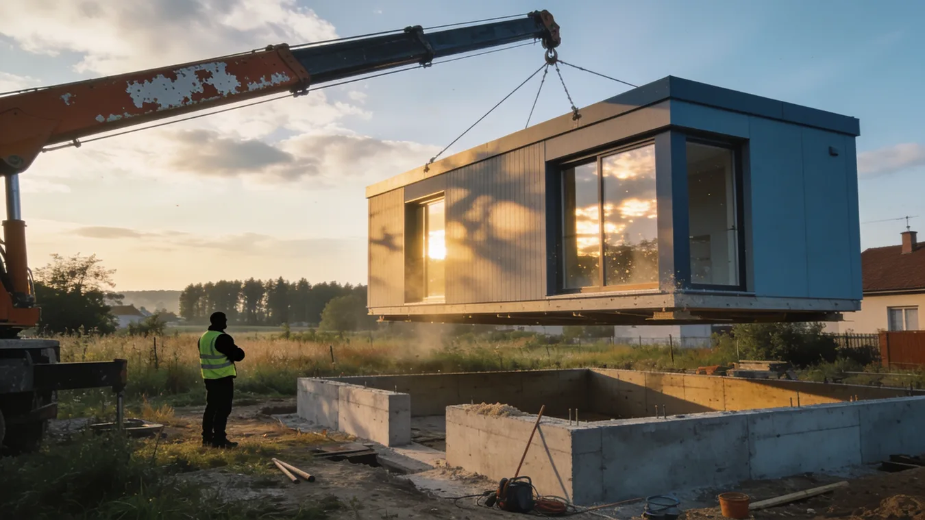 Modulový rodinný dom v štádiu montáže na pozemku na vidieku