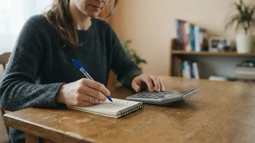 Kalkulačka, eurobankovky a výplatná páska na pracovnom stole