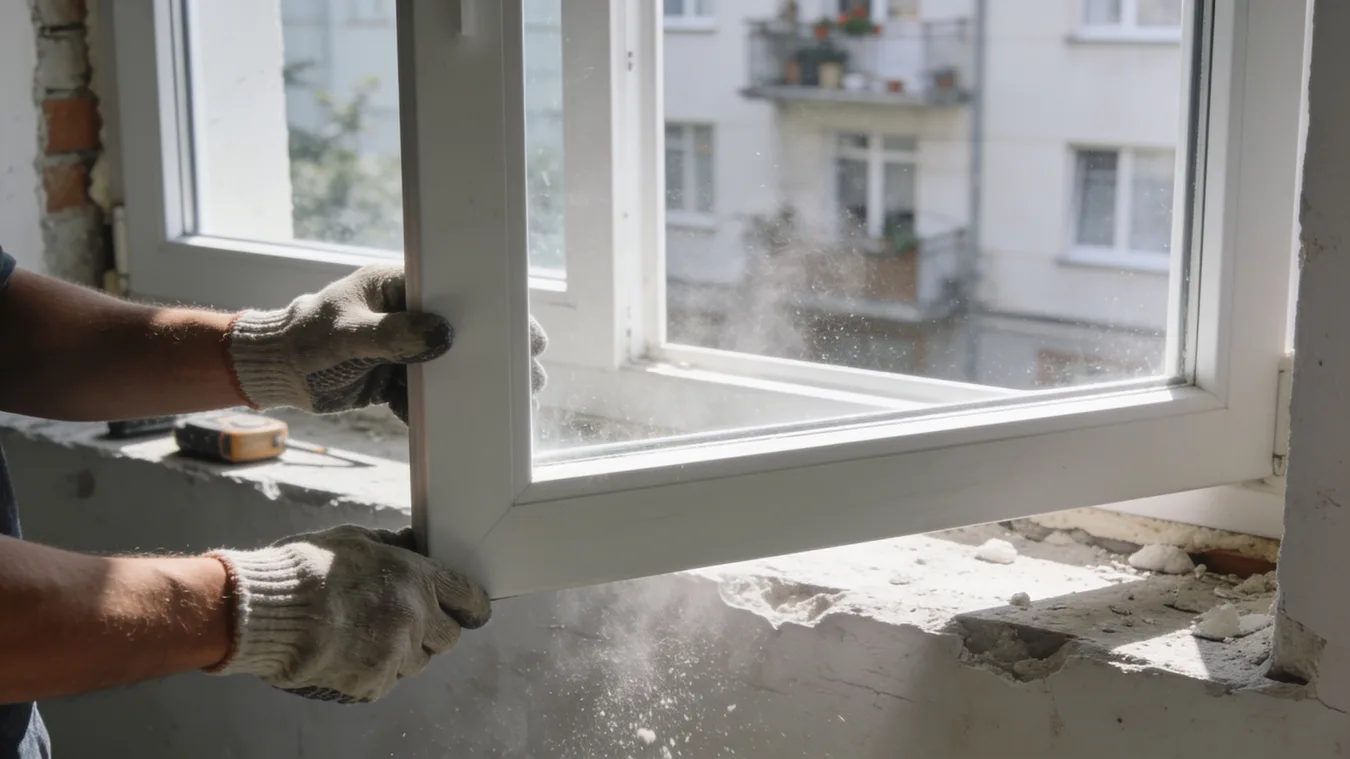 Nové plastové okno počas montáže do fasády rodinného domu