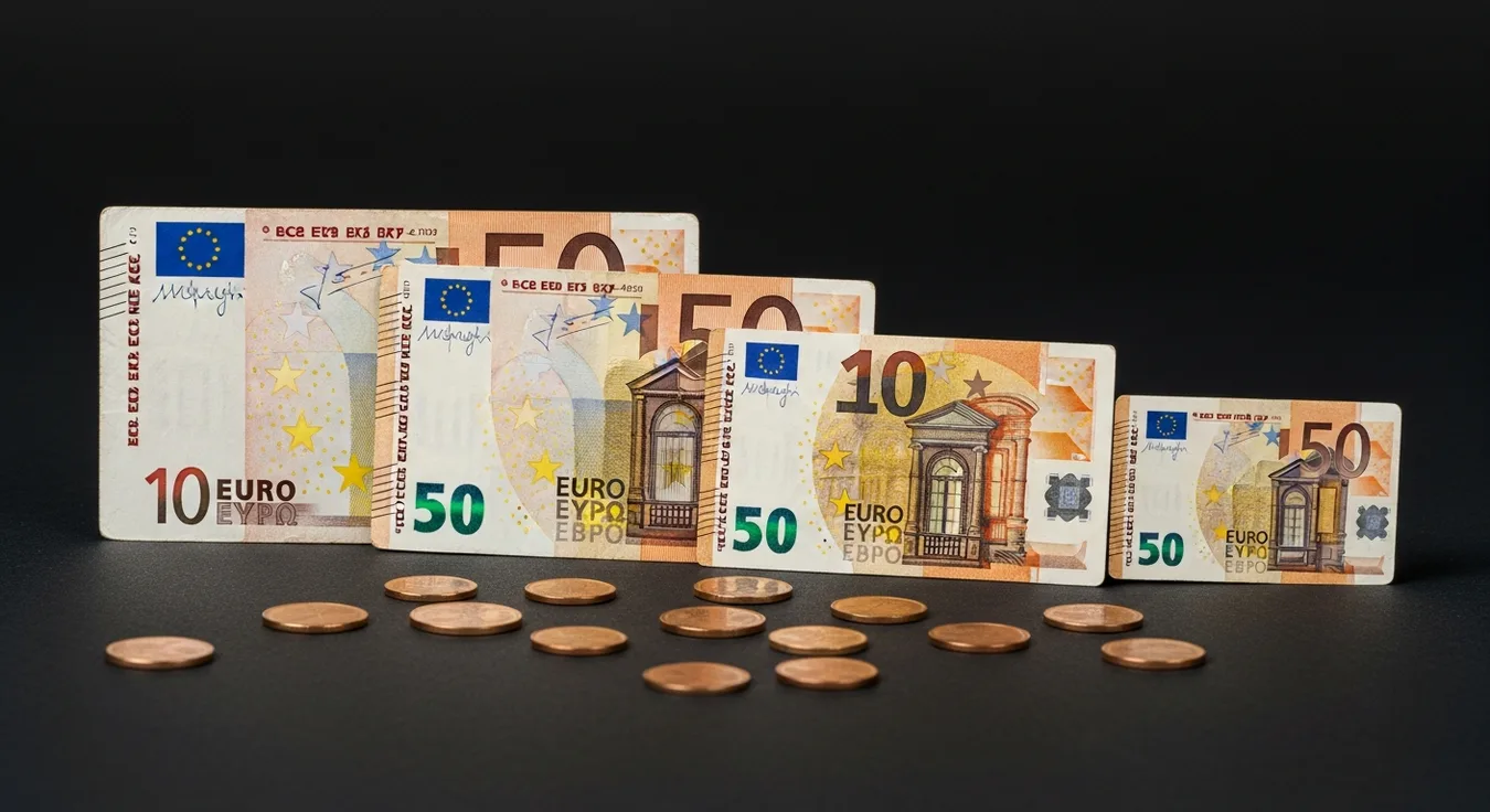 Eurobankovky a mince na stole symbolizujúce priemernú mesačnú mzdu na Slovensku