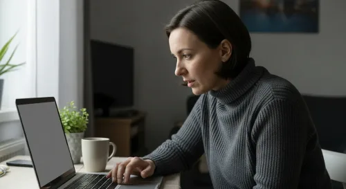 Žena pri notebooku overuje exekúciu v online registri