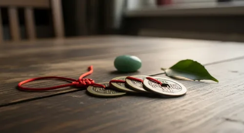 Čínske mince na šťastie zviazané červenou šnúrkou na feng shui