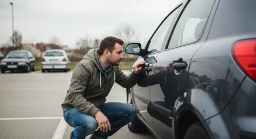 Muž kontroluje doklady k ojazdenému autu pred kúpou