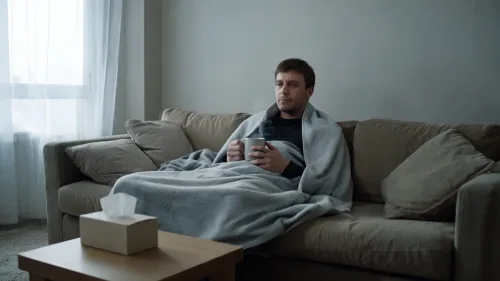 Chorý muž v pyžame leží na gauči s dekou a teplomerom v obývačke pri dennom svetle