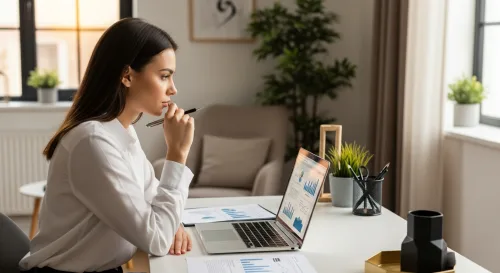 Žena zvažuje možnosti pôžičky pri počítači