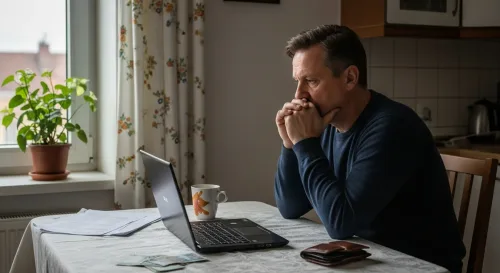 Muž pri kuchynskom stole zvažuje, kto mu požičia peniaze