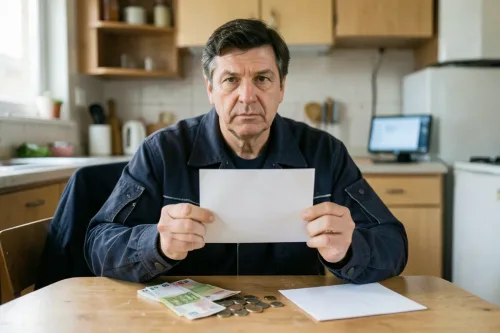 Pracovník drží výplatnú pásku pri oddelených peniazoch po exekučnej zrážke