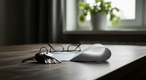 Kľúče od bytu a list vlastníctva na stole pri zvažovaní úveru so záložným právom