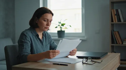 Muž sedí za stolom s dokladmi a kalkulačkou