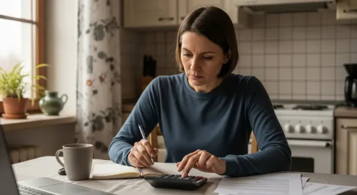 Žena s kalkulačkou počíta trovy exekúcie pri kuchynskom stole