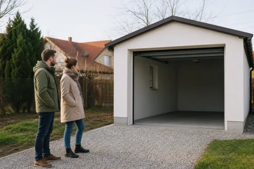Dvojica si prezerá samostatnú garáž pred kúpou