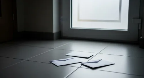 Obálka s listom od inkasnej spoločnosti na stole vedľa kalkulačky