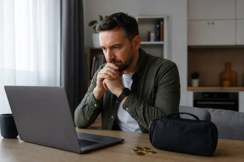Muž preveruje zahraničnú ponuku pôžičky na notebooku