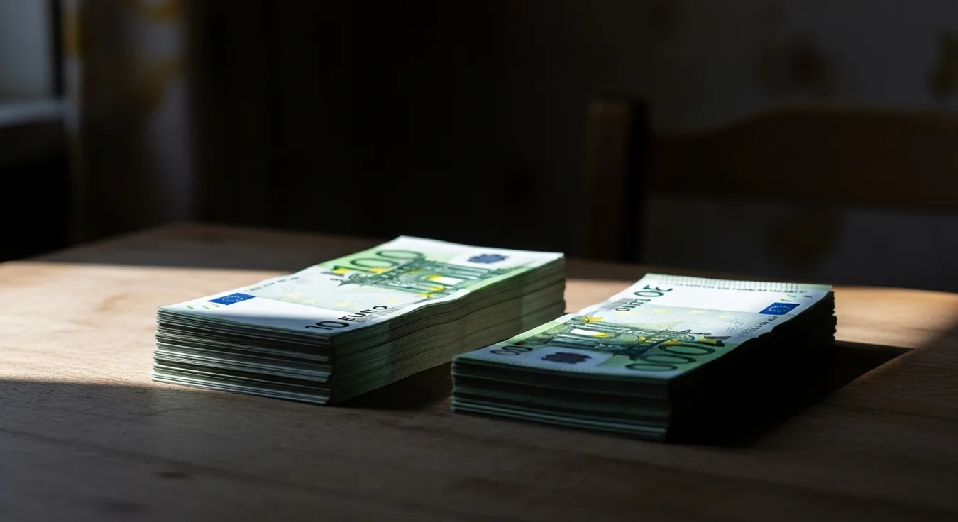 Výplatná páska, kalkulačka a eurobankovky na pracovnom stole